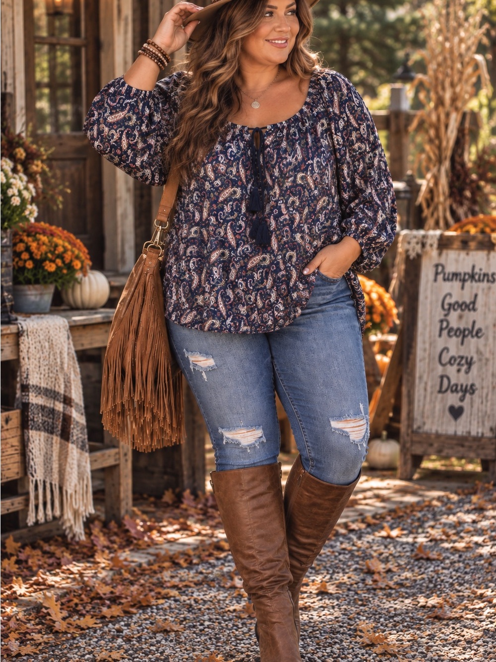 Ralph Lauren Denim & Supply Boho Navy Paisley Peasant Blouse Size XL Tassels